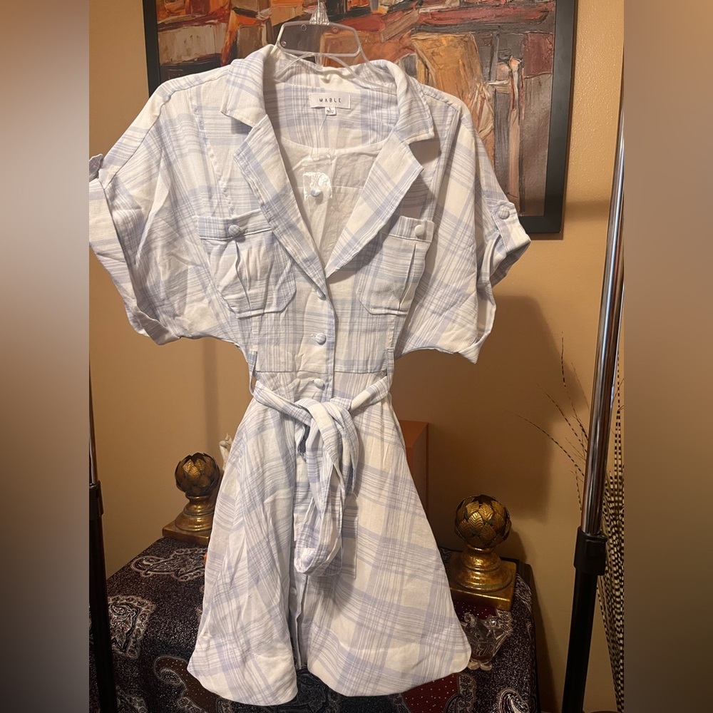 New Mable Blue/White Checked Mini Dress - Size Large